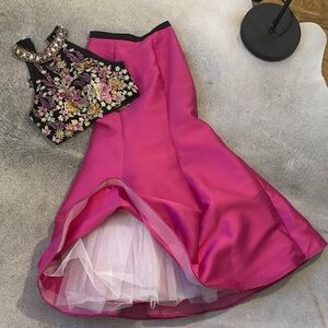 Camille La Vie Black and Pink Halter Fit and Flare Prom Dress